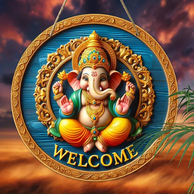 Charming 8"x8" Wooden Welcome Sign - Ganesha