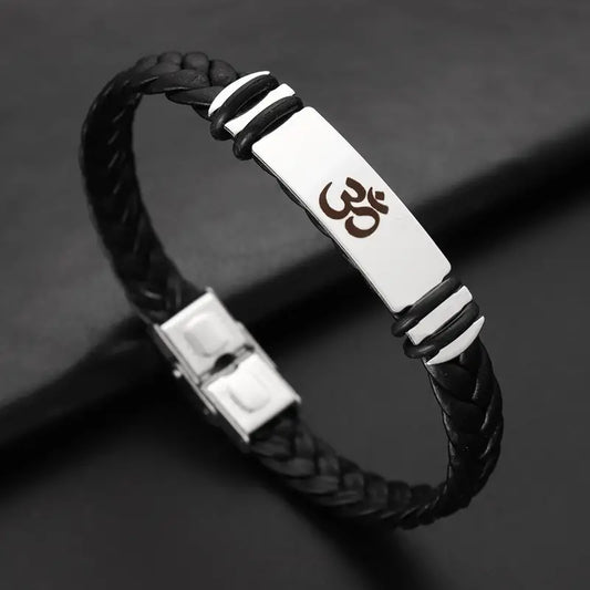 Fashion Stainless Steel Braided Leather Bracelet with Om Symbol