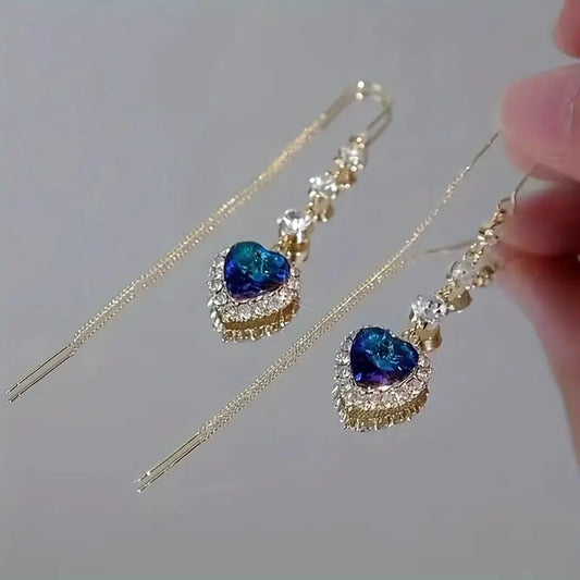 Vintage Glamour Heart-Shaped Blue Rhinestone Tassel Earrings