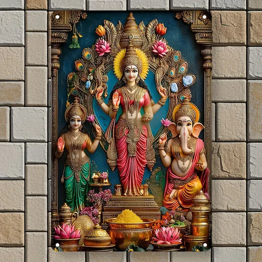 Vintage-Inspired Aluminum Wall Sign (7.9"x11.9") - Lakshmi, Saraswati, Ganesha Trinity Design