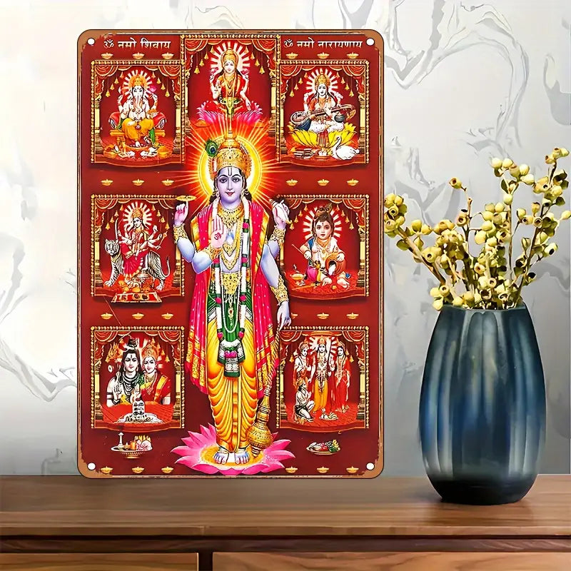 Hindu Gods Wall Plaque, Metal Iron Decorative Plate with Vishnu, Krishna, Ganesha, Shiva, Saraswati Rama And Durga