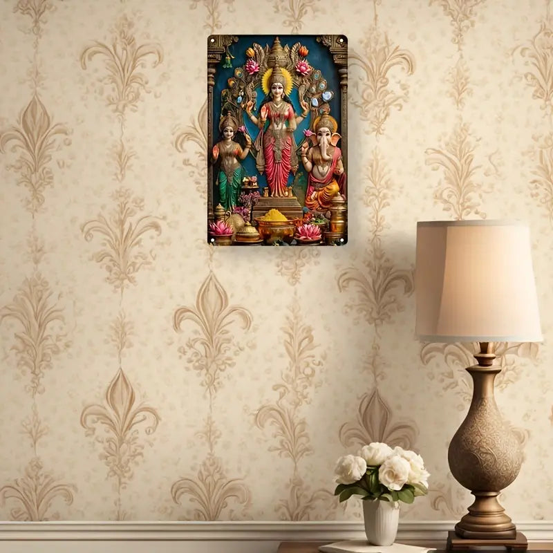 Vintage-Inspired Aluminum Wall Sign (7.9"x11.9") - Lakshmi, Saraswati, Ganesha Trinity Design