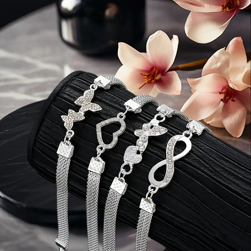 4pcs Bohemian Silver Wide Edge Chain Anklets Set