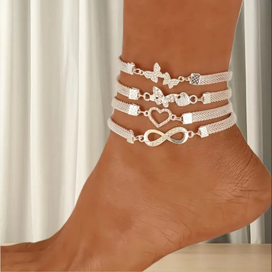 4pcs Bohemian Silver Wide Edge Chain Anklets Set