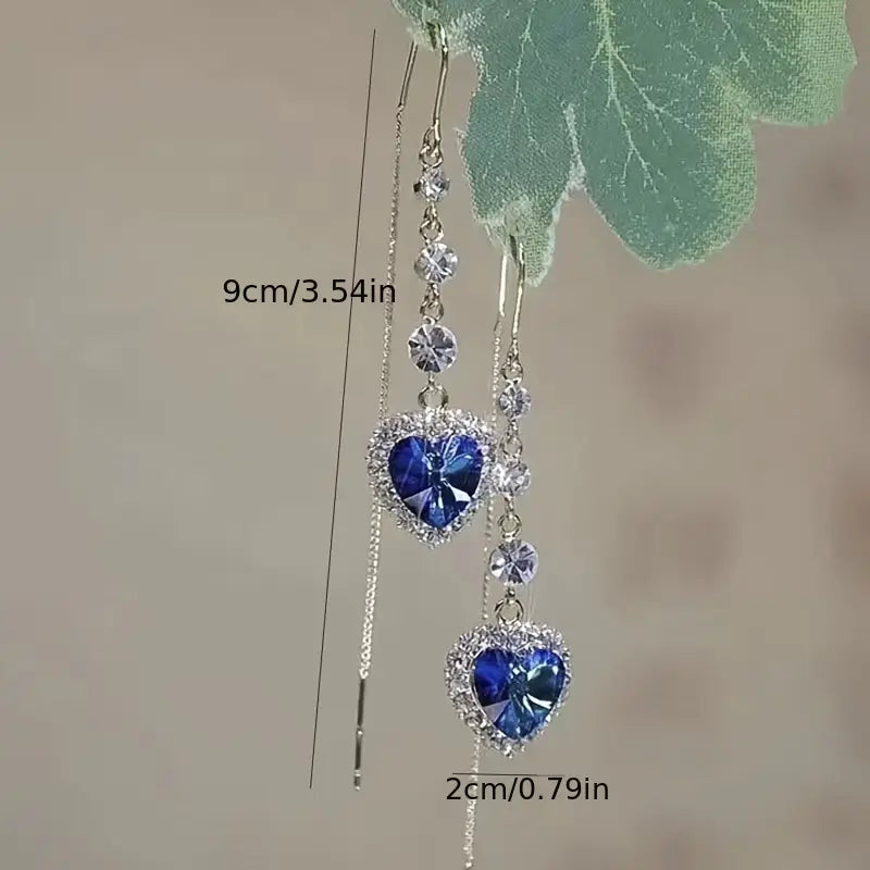 Vintage Glamour Heart-Shaped Blue Rhinestone Tassel Earrings