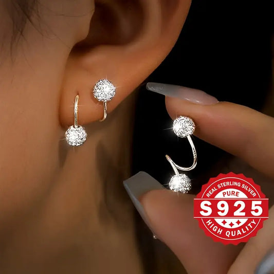 Luxurious 925 Sterling Silvery Sparkle Ball Stud Earrings