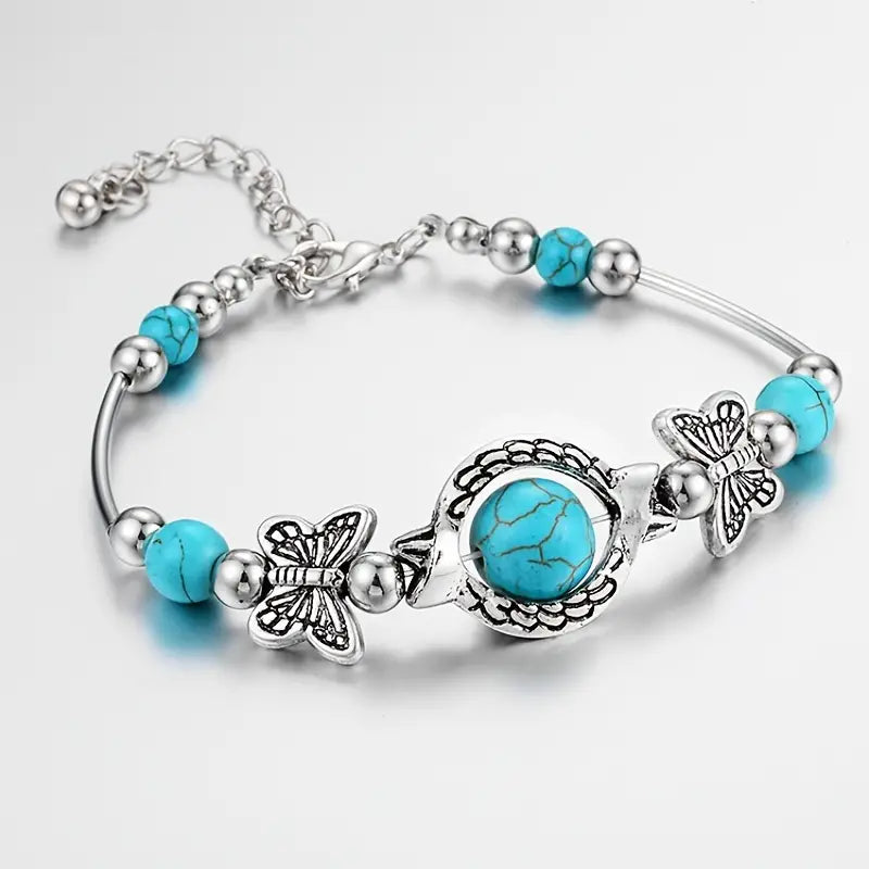 Charm Vintage Jewelry Silver Natural Turquoise Butterfly Bracelet