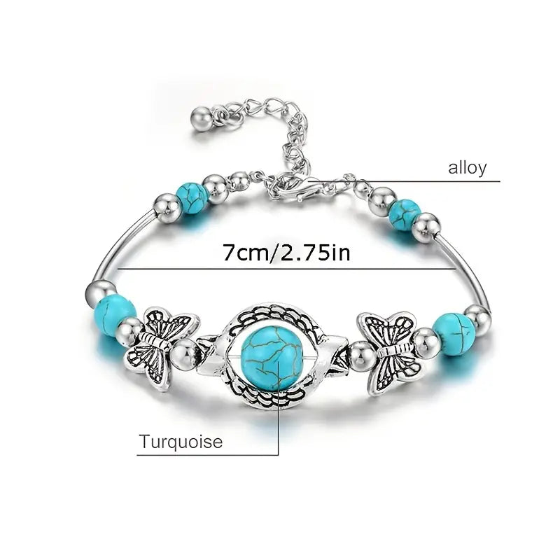 Charm Vintage Jewelry Silver Natural Turquoise Butterfly Bracelet