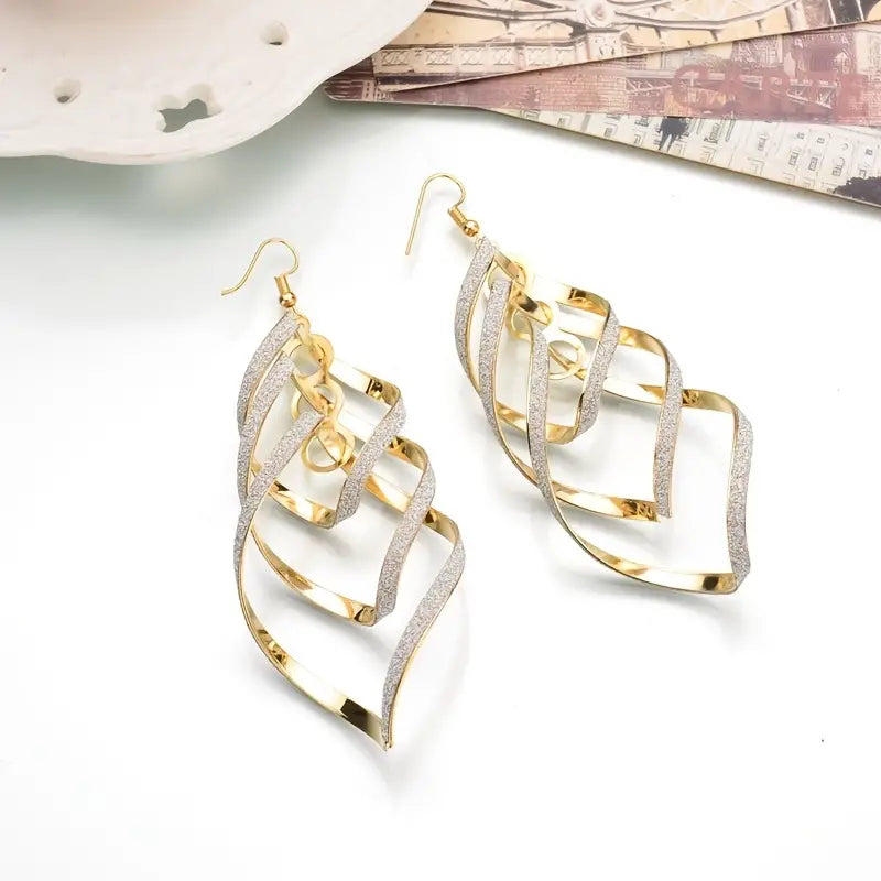 Metal Layered Swirling Geometric Earrings Personality Fashion Long Pendant Hook Earrings Elegant Ear Piercing Jewelry