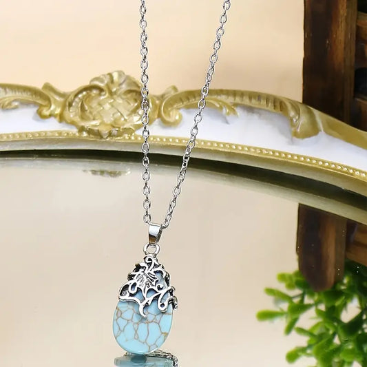 Vintage Style Ladies Necklace 1 Pack Drop Shape Turquoise Geometric Lace Totem Pendant Ancient Silver Chain Necklace