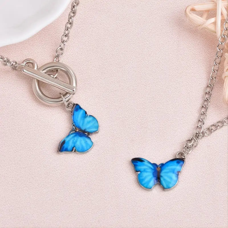 2pcs Set Fashion Small Fresh Butterfly O.T. Buckle Bracelet Necklace Accessory