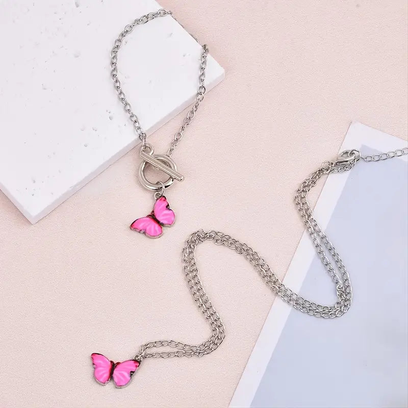 2pcs Set Fashion Small Fresh Butterfly O.T. Buckle Bracelet Necklace Accessory