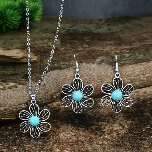 Vintage Boho Hollow Turquoise Drop Earrings Necklace 3pcs Set Bohemian Silver Color Decor Gift