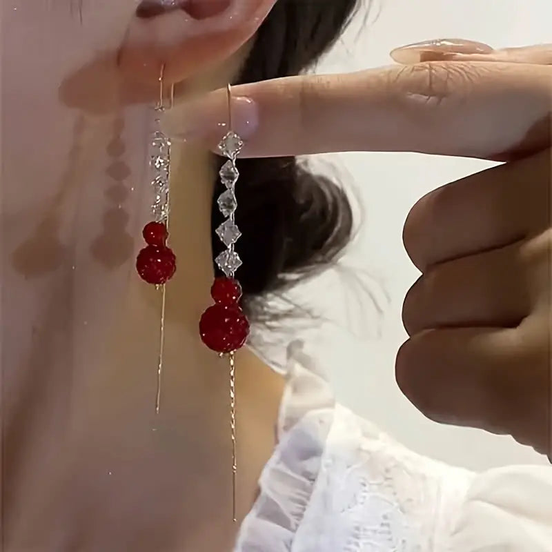 Red Gourd Zircon Tassel Earrings