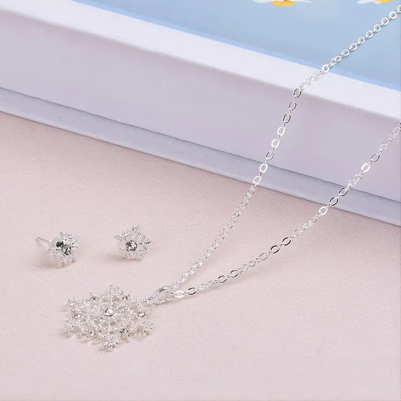 3pcs/set Silver Snowflake Necklace Stud Earrings