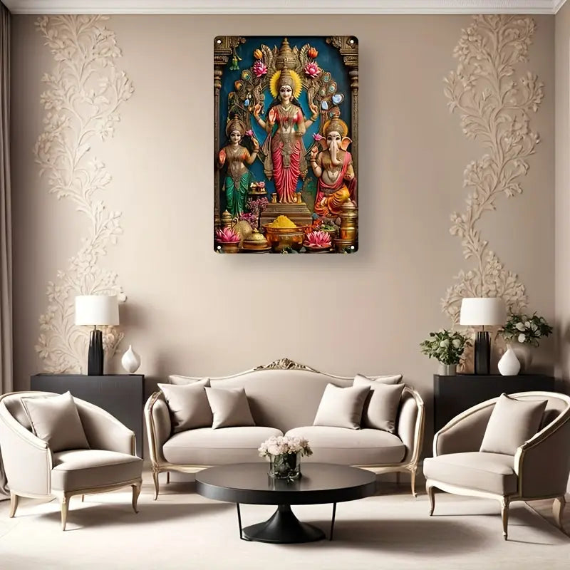 Vintage-Inspired Aluminum Wall Sign (7.9"x11.9") - Lakshmi, Saraswati, Ganesha Trinity Design