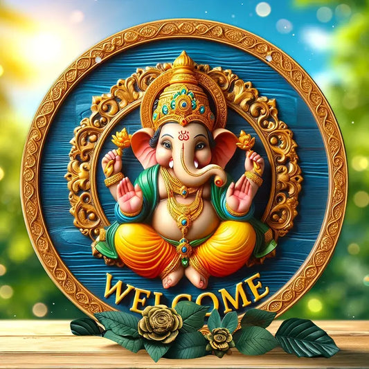 Charming 8"x8" Wooden Welcome Sign - Ganesha